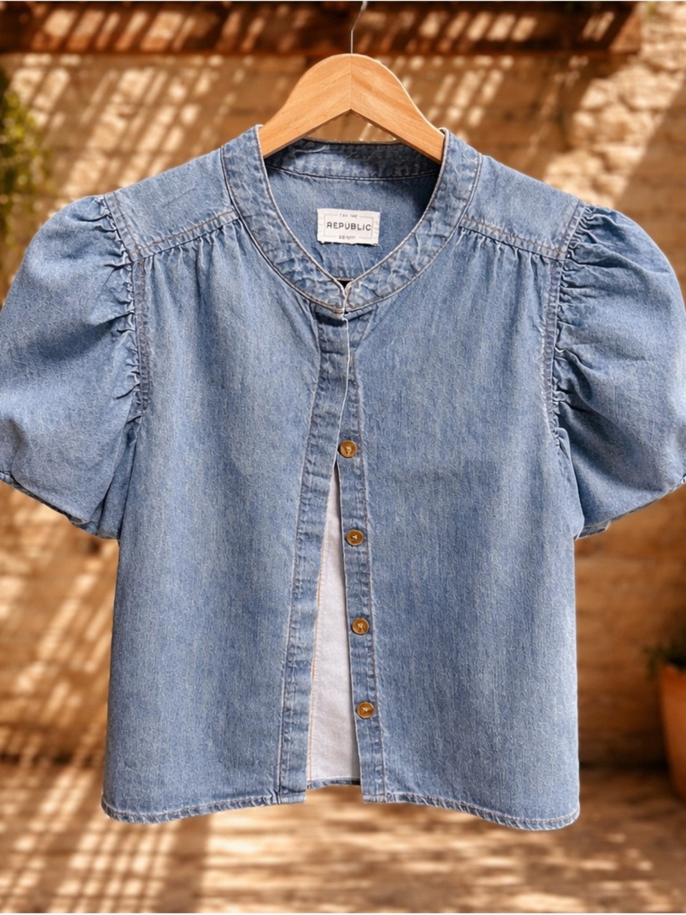 For The Republic Blue Denim Button-Up Blouse